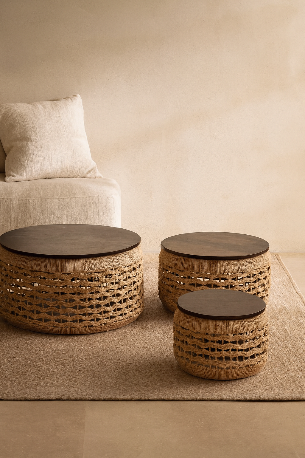 Juego de 3 mesas redondas con tapa madera