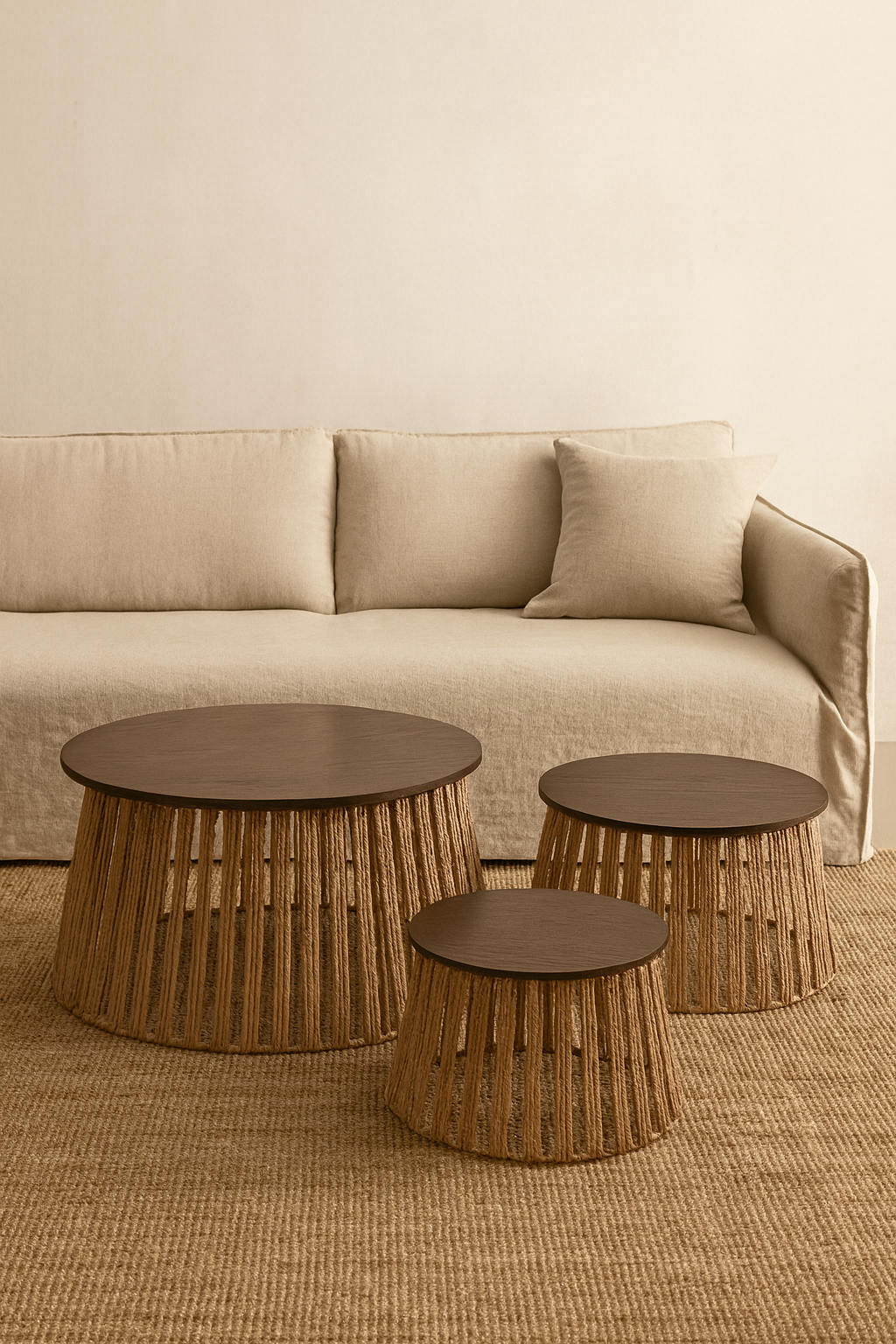 Juego de 3 mesas de centro fibra con tapa madera