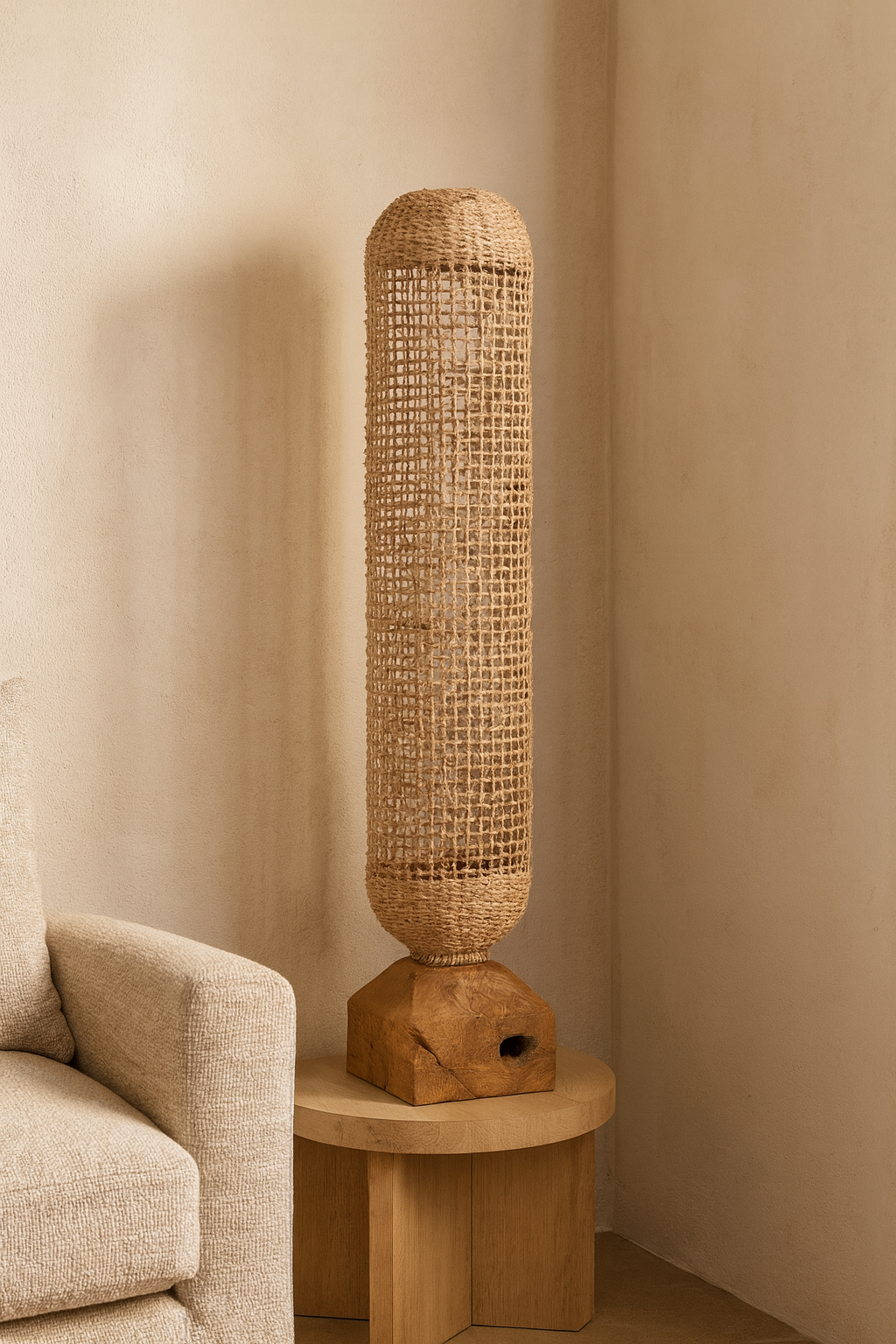 Lámpara de Pie Teca y Fibra estilo Boho