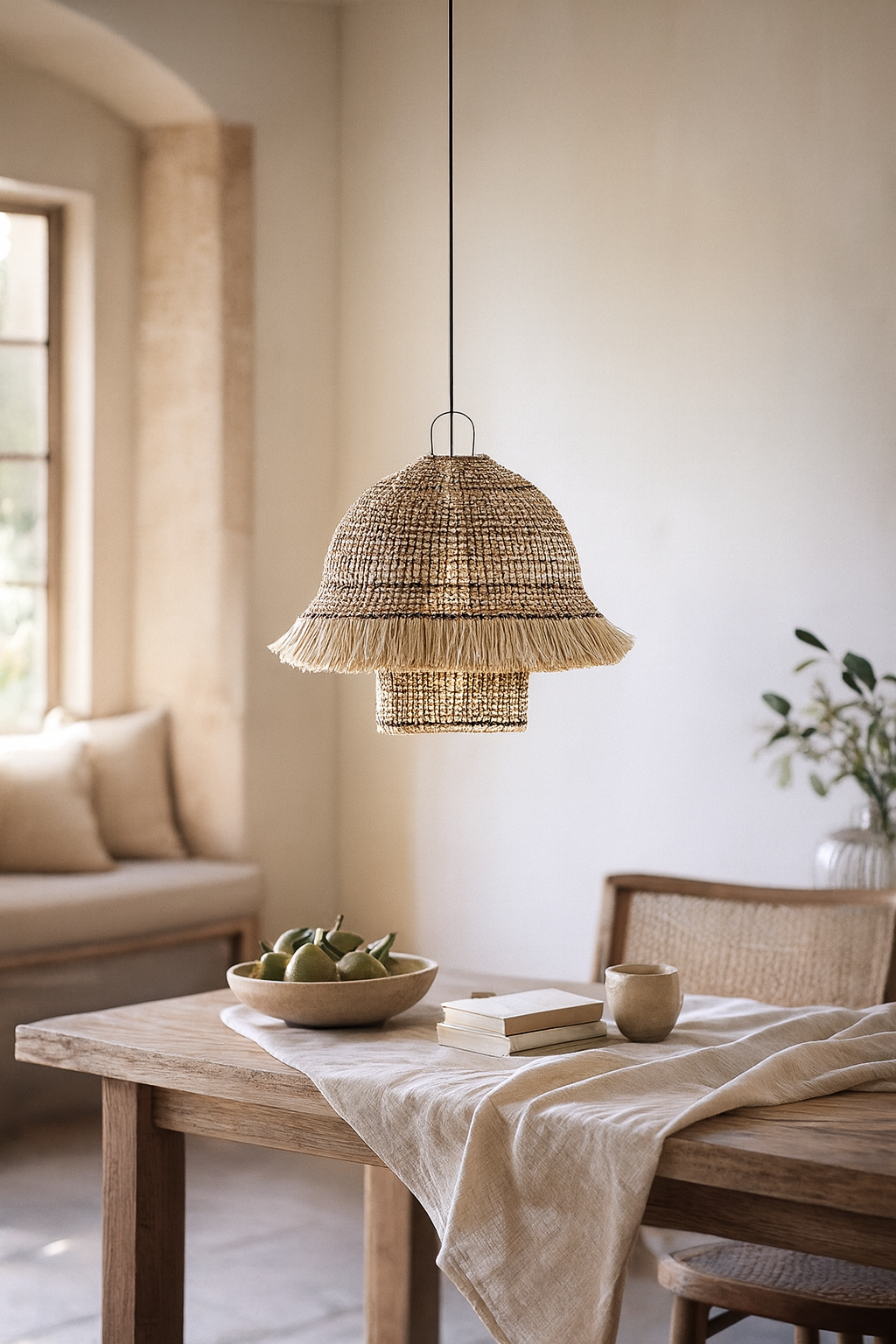 Lámpara colgante Fibra natural Campana faldón Boho